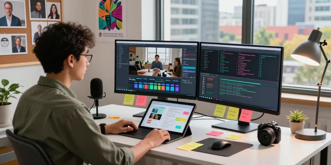 Data analyst utilizing a video to prompt tool in a dynamic workspace, showcasing creative technology.