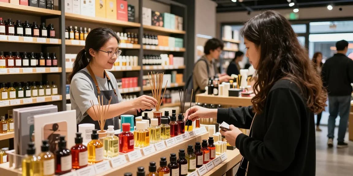 Buy aromatic liquid incense in a vibrant shop, customer exploring scents.