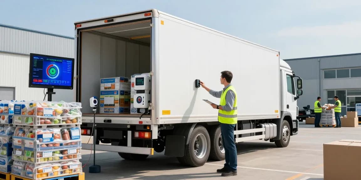 Kühltransport von Dortmund mit modernem Kühltransporter und temperaturüberwachenden Gütern im Logistikzentrum.