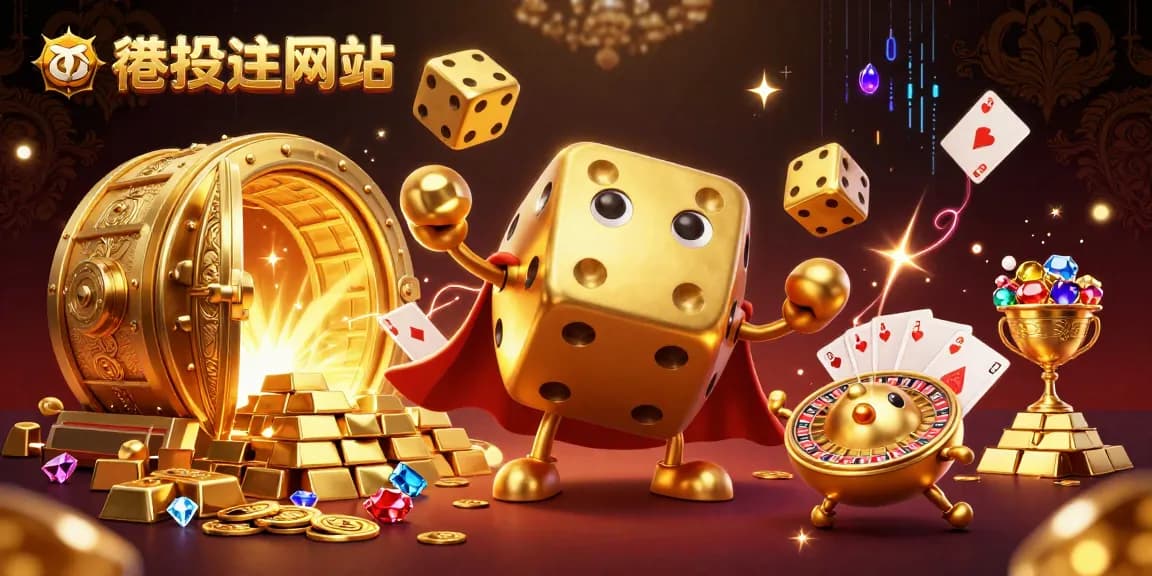 在香港投注網站上體驗極致娛樂的3D插畫，金色大骰子與珍貴寶石交相輝映。