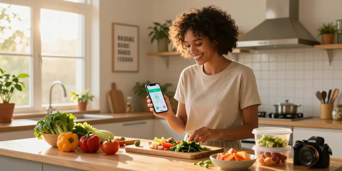 Smiling user with the best AI calorie tracker app in a modern kitchen preparing healthy meals.