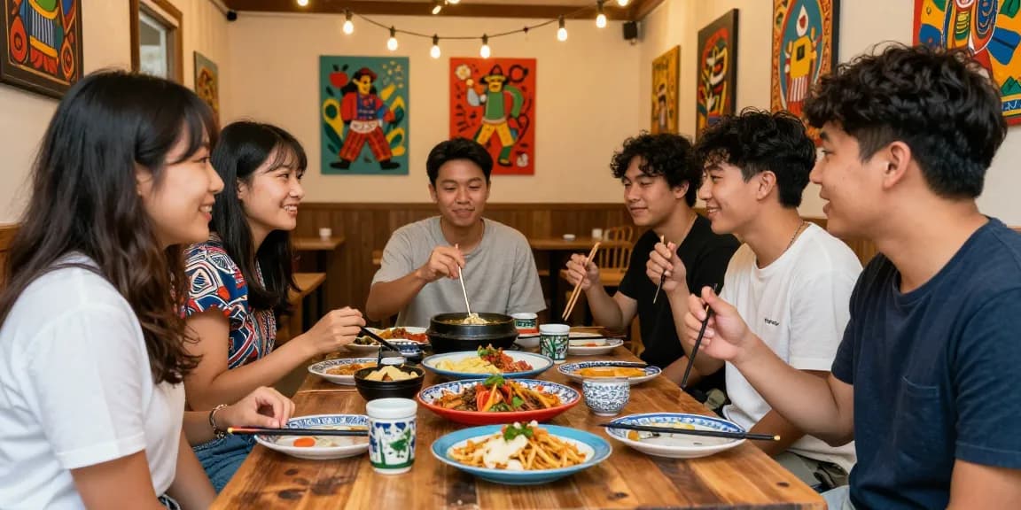 Experience Asian culture through https://hanadultalk.com, friends enjoying diverse cuisines in a warm, inviting setting.