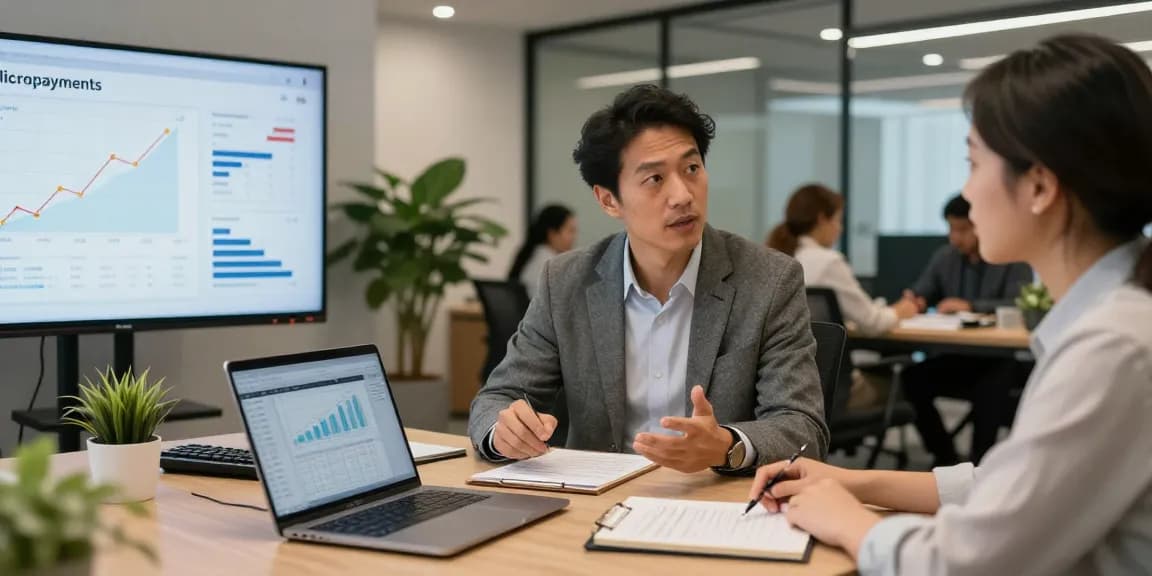 소액결제현금화 전략을 설명하는 금융 상담 장면, 현대적인 사무실에서