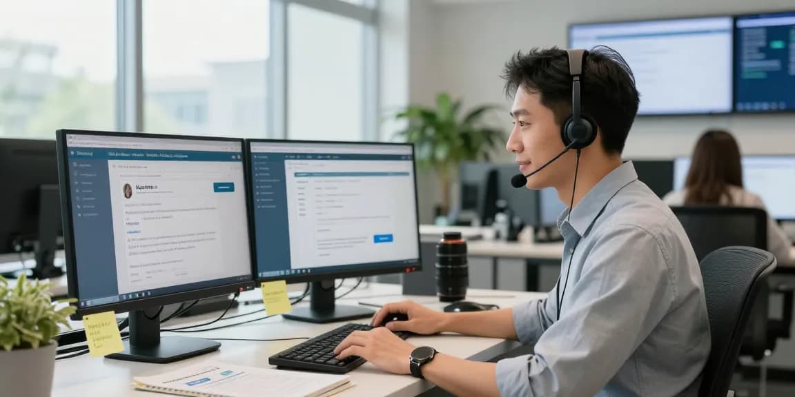 Customer service representative assisting Hotmail users in Telus-Technical-Support center.