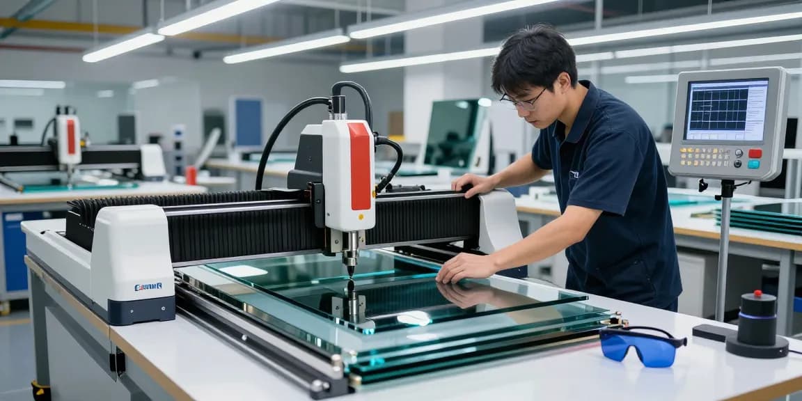 CNC glass cutting machine in a modern glass processing workshop with skilled technician and advanced tools.
