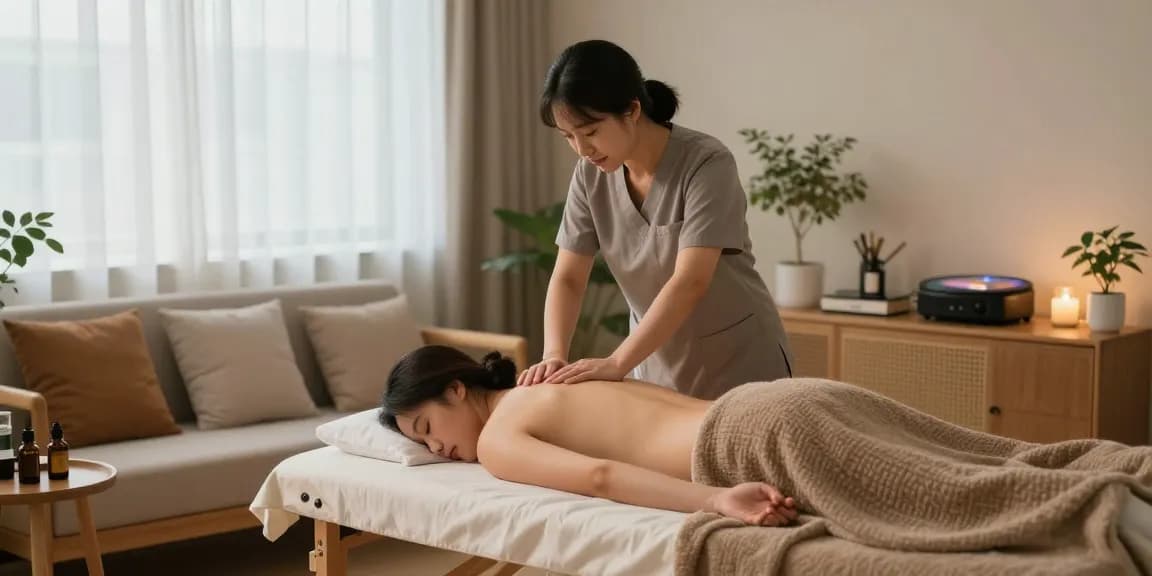 Relaxing 성남출장마사지 scene with therapist in cozy home setting, soft lighting, and soothing ambiance.