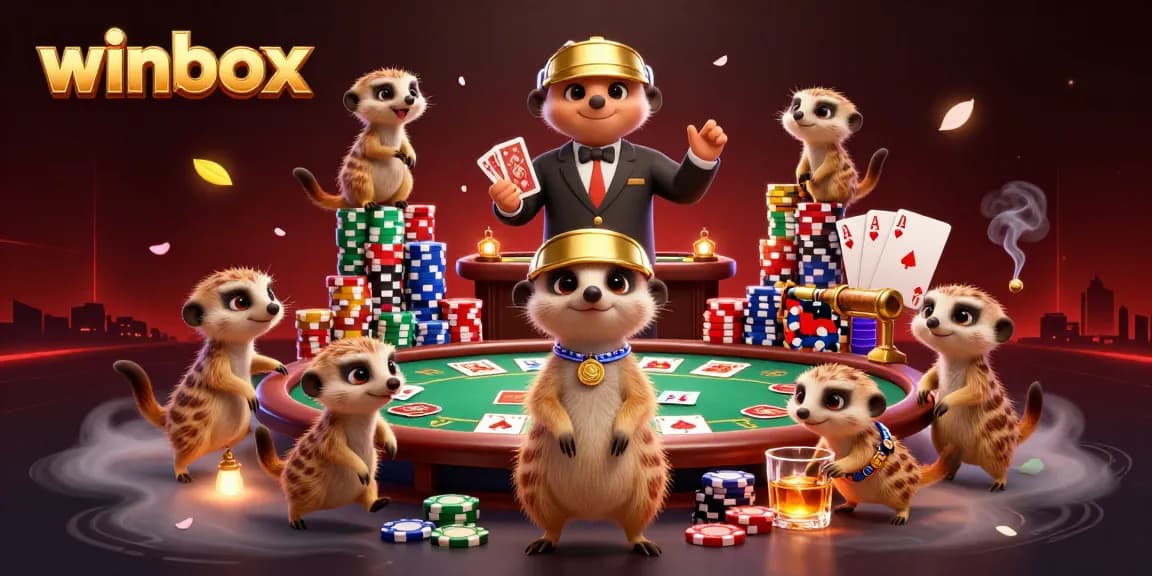 Experience winbox's dynamic casino scene with meerkats dealing cards and managing chips.