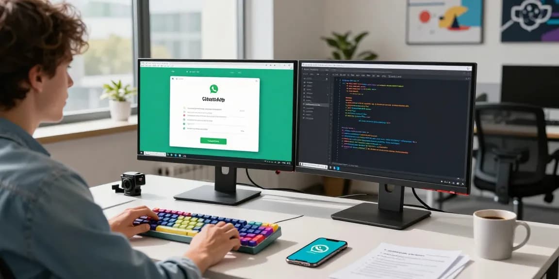A modern tech workspace featuring WhatsApp網頁版 interface on dual monitors, showcasing effective communication strategies.