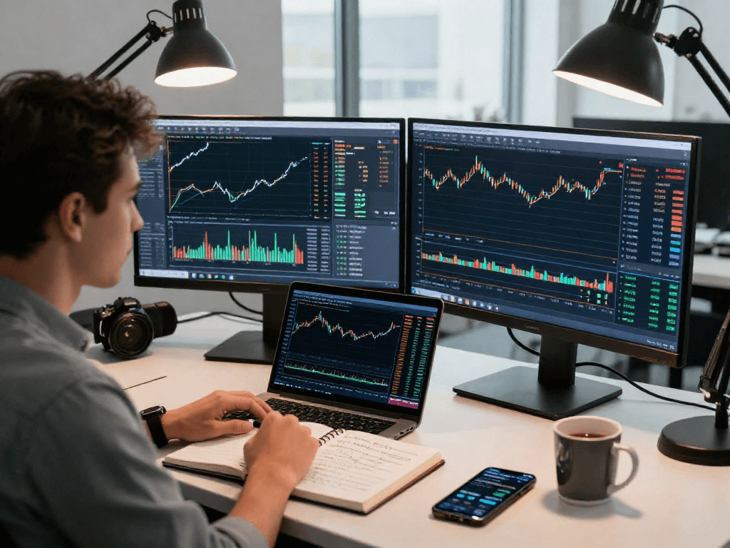 MetaTrader 5 交易者在现代办公室中专注分析市场图表,展现高效交易环境。