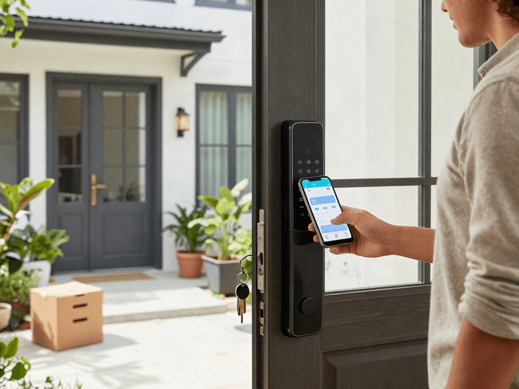 خرید قفل هوشمند for modern home security featuring smart lock and app interface