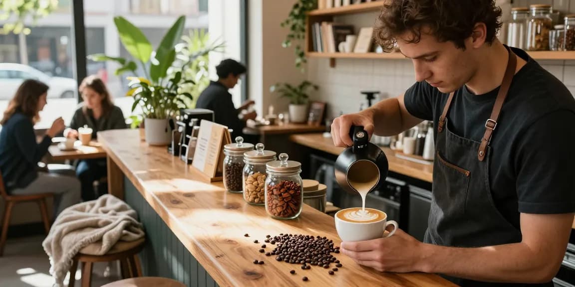 Artisan preparing organic white coffee in a cozy café, capturing the essence of organic coffee culture.