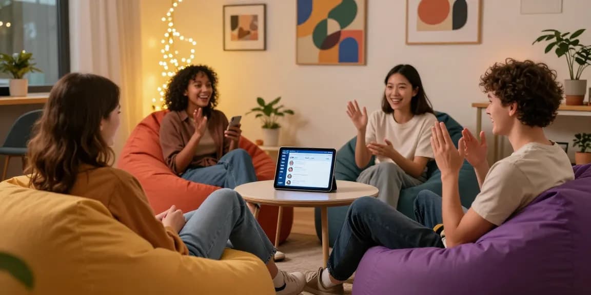 Engaging free AI sex chat scene with avatars in a cozy virtual lounge.