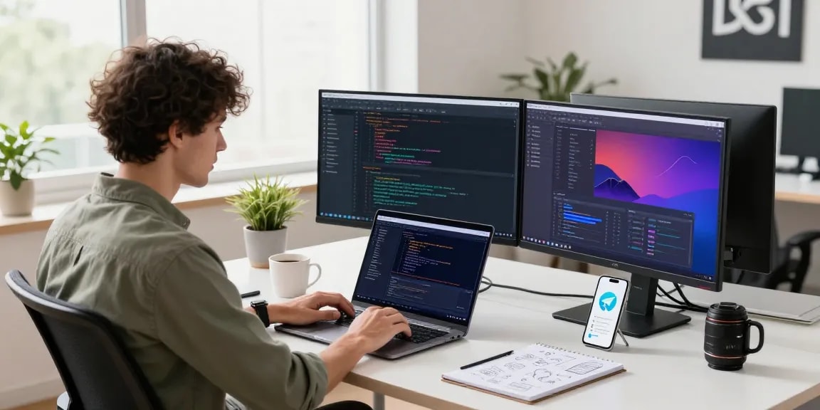 Developer coding in a tech workspace, showcasing telegramin-cn.com notifications for optimal productivity.