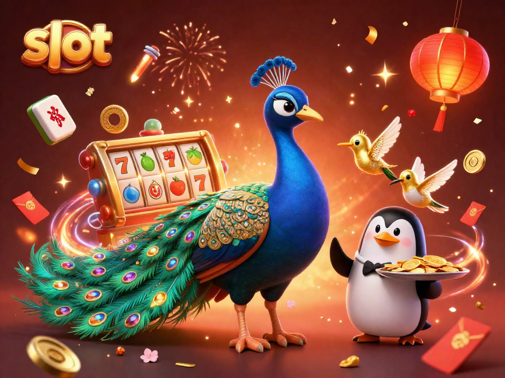 Spin and win big with slot games in this vibrant casino-themed illustration featuring festive characters.