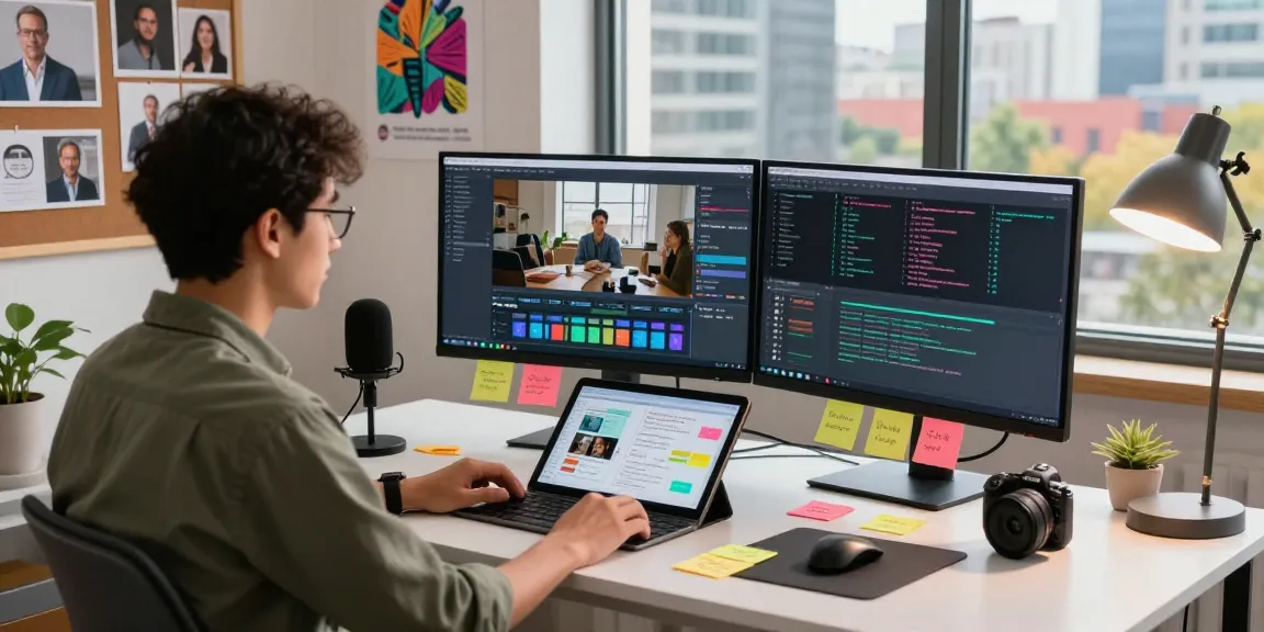 Data analyst utilizing a video to prompt tool in a dynamic workspace, showcasing creative technology.