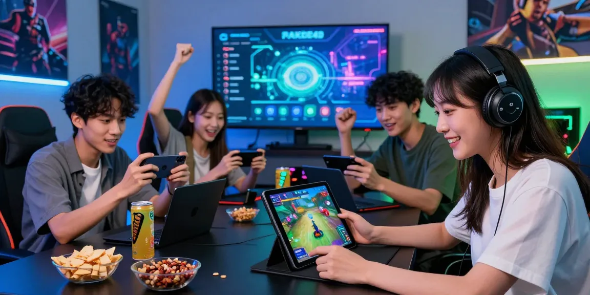 Friends enjoying immersive gaming experience on PAKDE4D platform with sleek devices and vibrant atmosphere.