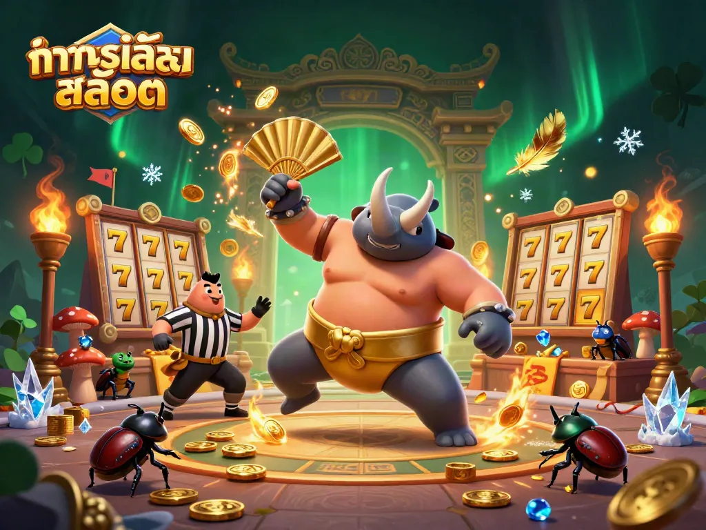 การทดลองเล่นสล็อตด้วย 3D บีเทิลซูโม่โต๊ะทองพร้อมเหรียญทองกระจายโดยรอบ