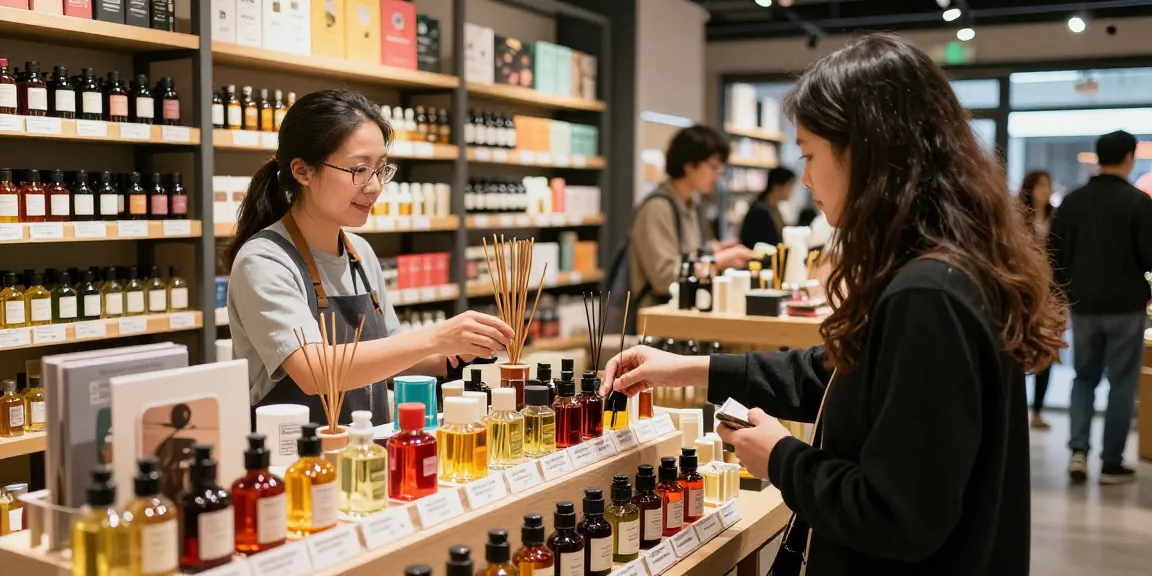Buy aromatic liquid incense in a vibrant shop, customer exploring scents.