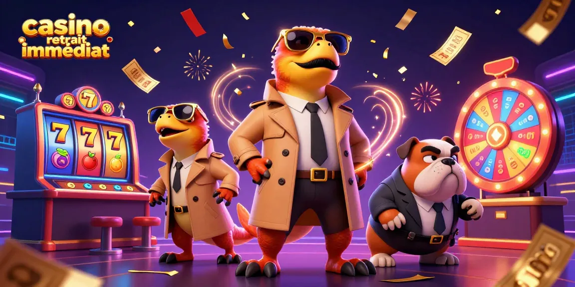 Profitez de l'animation de casino retrait immédiat avec des raptors en trench coat et des éléments de jeu.