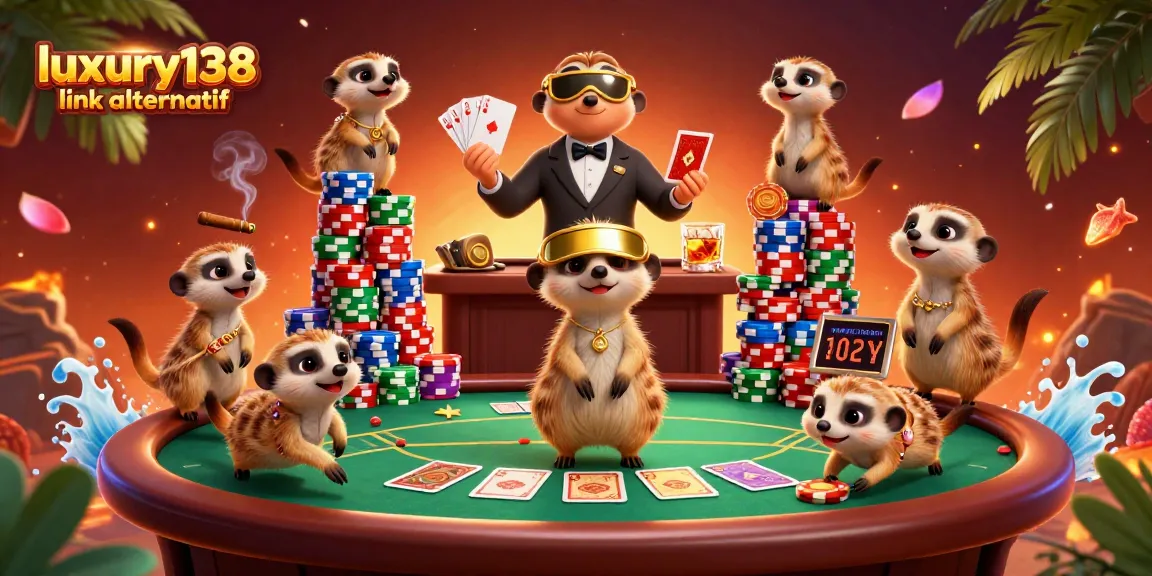 Engage in thrilling gaming at luxury138 link alternatif with meerkats running a vibrant casino scene.