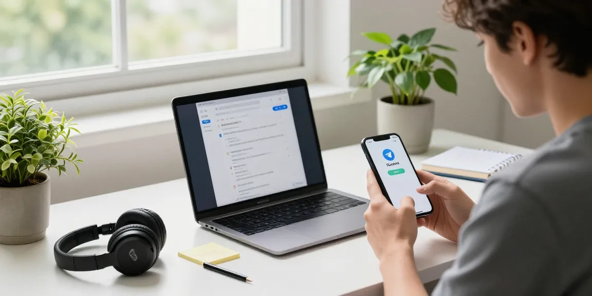 Young adult using Telegram app in a bright workspace for a telegram china setup tutorial.