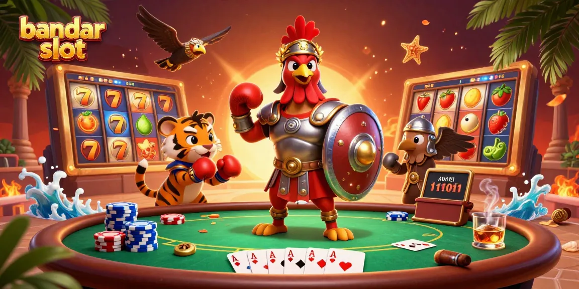 Slot jackpot bergaya bandar slot dengan ayam jantan dan singa kecil siap bertarung di arena.