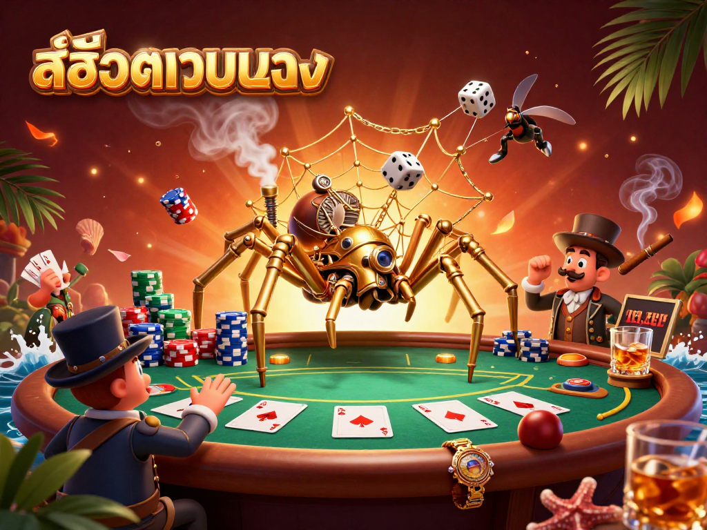 Playing at a casino with สล็อตเว็บตรง, featuring an amusing Victorian fly gentleman and a steampunk spider.