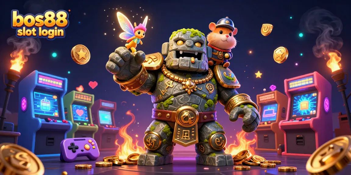 Spin the reels with excitement at bos88 slot login, featuring a 3D golem guardian, fairy magic, and colorful game elements.