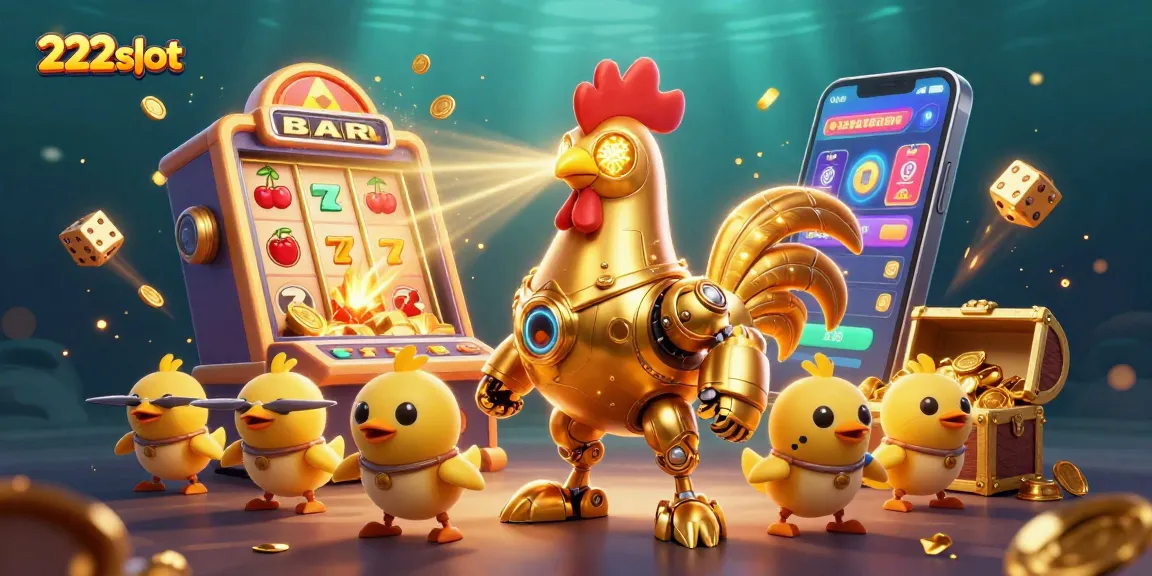 Menangkan jackpot di 222slot dengan robot ayam emas dan simbol keberuntungan.