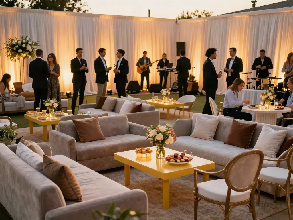 Event furniture rental showcasing an elegant gala setup with stylish seating and decor.