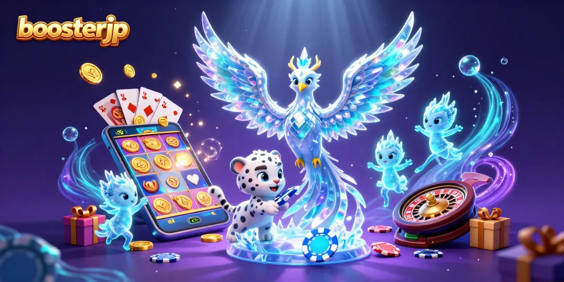 Experience excitement with boosterjp, a vibrant 3D casino scene featuring magical characters and games.