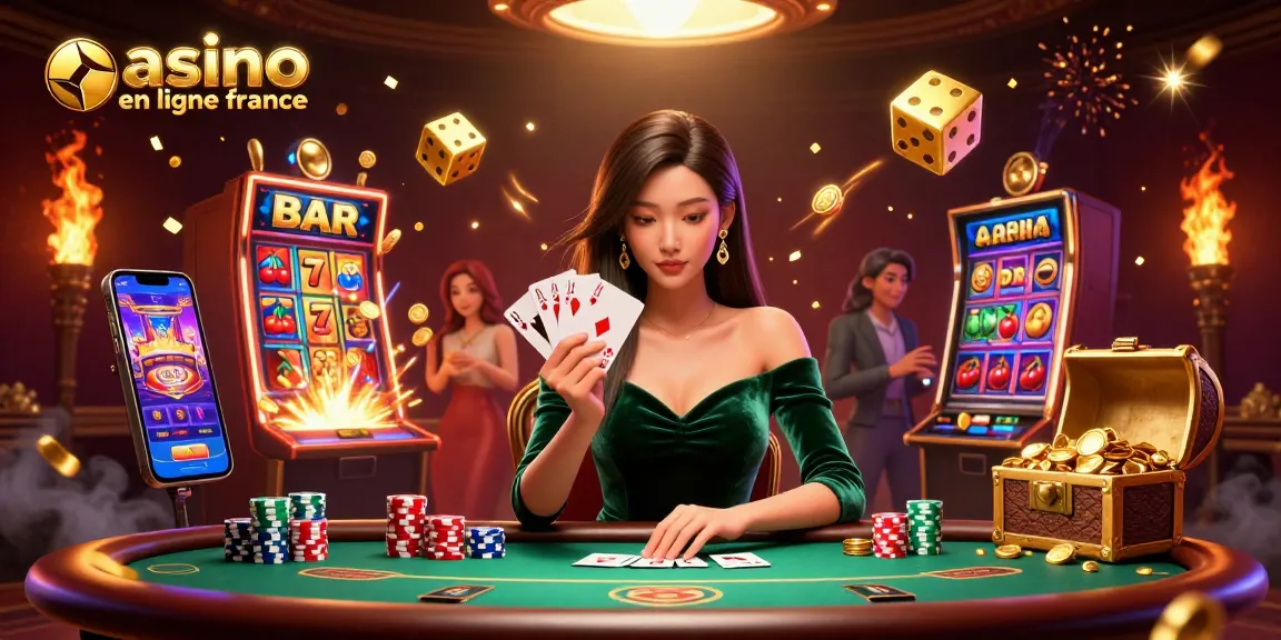 Scène captivante du casino en ligne France mettant en avant une femme asiatique concentrée à une table de poker de luxe, entourée d'éléments de jackpot dorés.