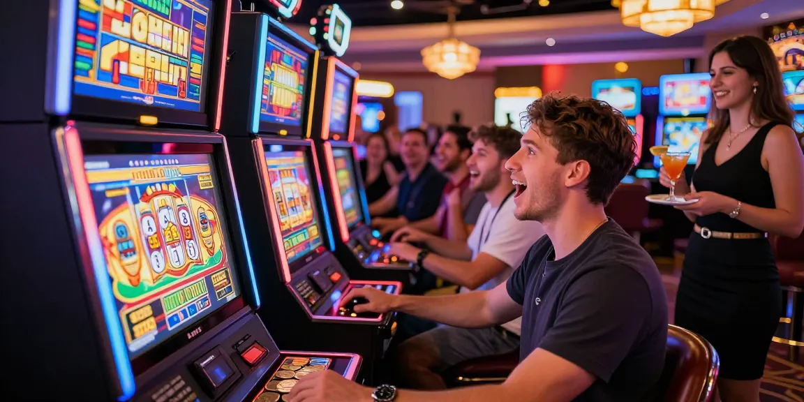 Pengalaman bermain slot yang penuh semangat di kasino, cahaya berwarna-warni dan mesin slot dengan koin yang keluar.
