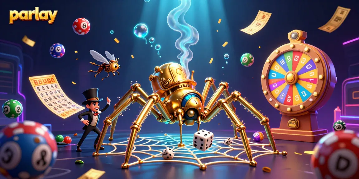 Parlay betting illustrated with dynamic lottery elements and a steampunk spider for gamblers.