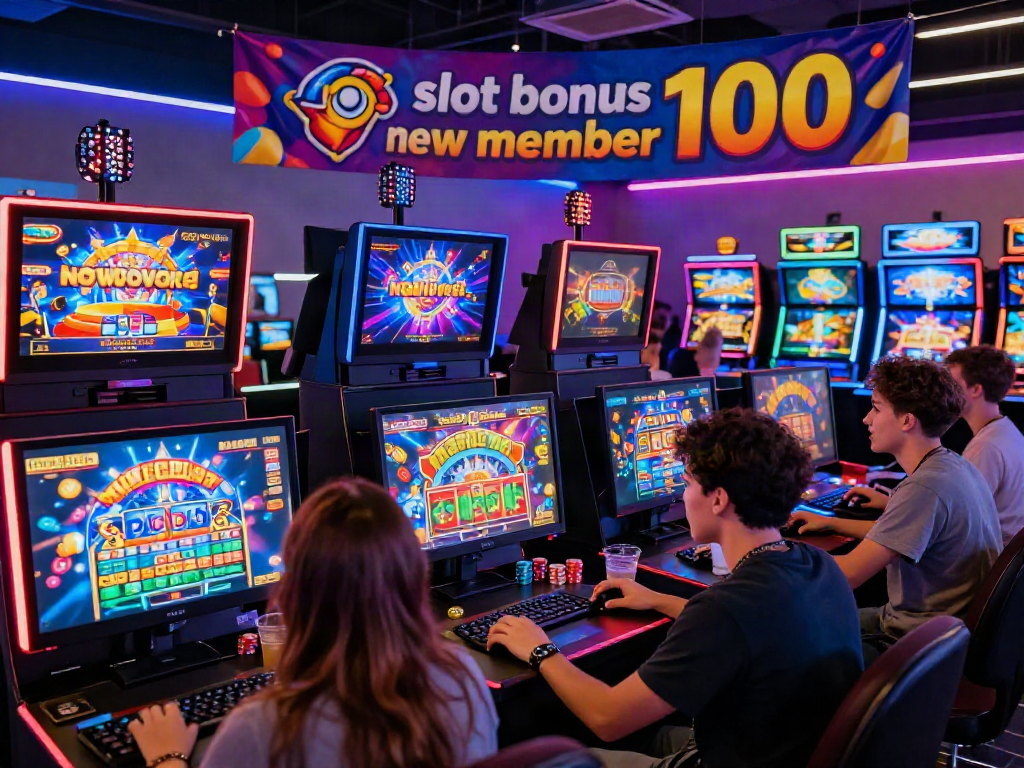 Exciting gaming scene with players engaging in slot games featuring the slot bonus new member 100 promotion, showcasing vibrant graphics and casino atmosphere.