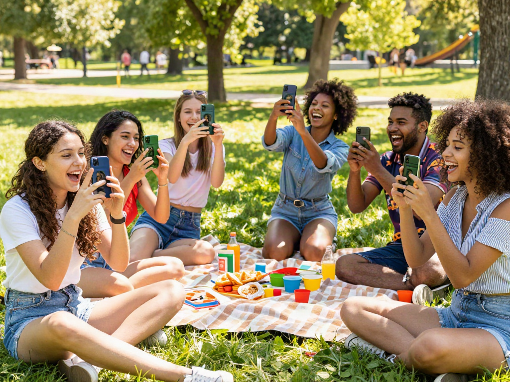 Friends enjoying a sunny day in the park exploring how old do I look using a smartphone app, capturing laughter and joy.