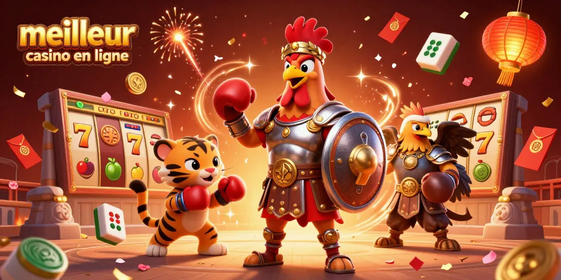 Plongez dans l'univers des jeux avec le meilleur casino en ligne, où un coq gladiateur illumine la scène de jeux de machines à sous.