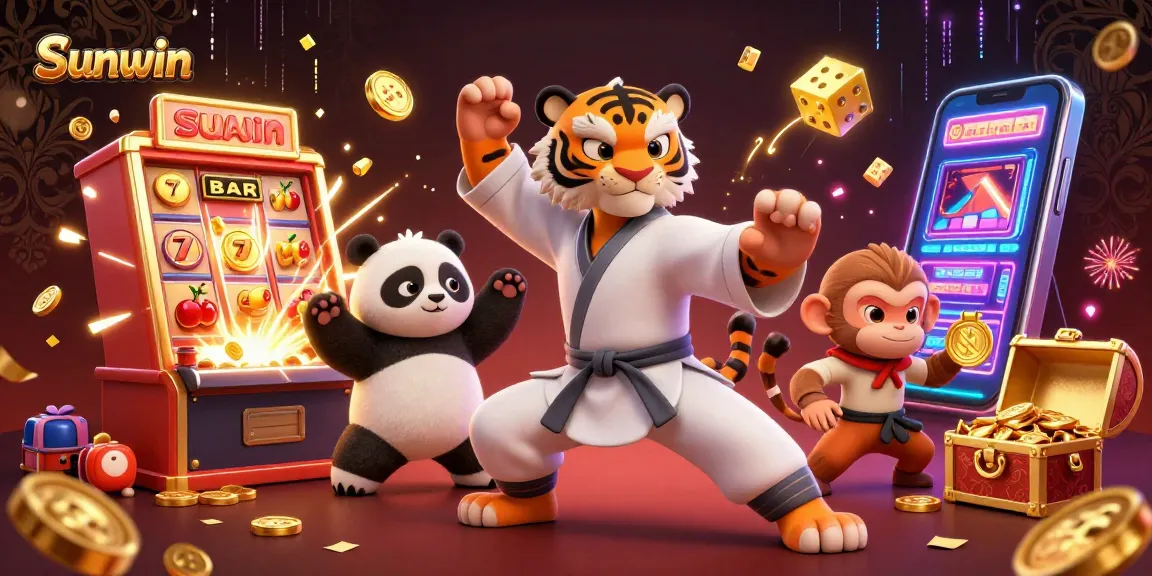 Experience the thrill of Sunwin with a 3D illustration featuring vibrant casino game elements and a tiger master.