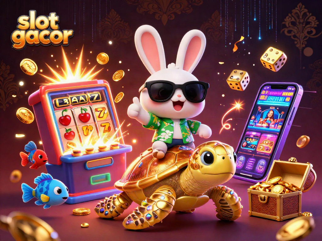 Spin the slot gacor with luck and joy from a cartoon rabbit riding a golden sea turtle.
