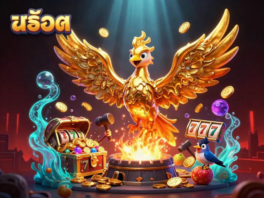 Experience dynamic สล็อต action with a 3D phoenix and golden coins in a vibrant casino-themed scene.