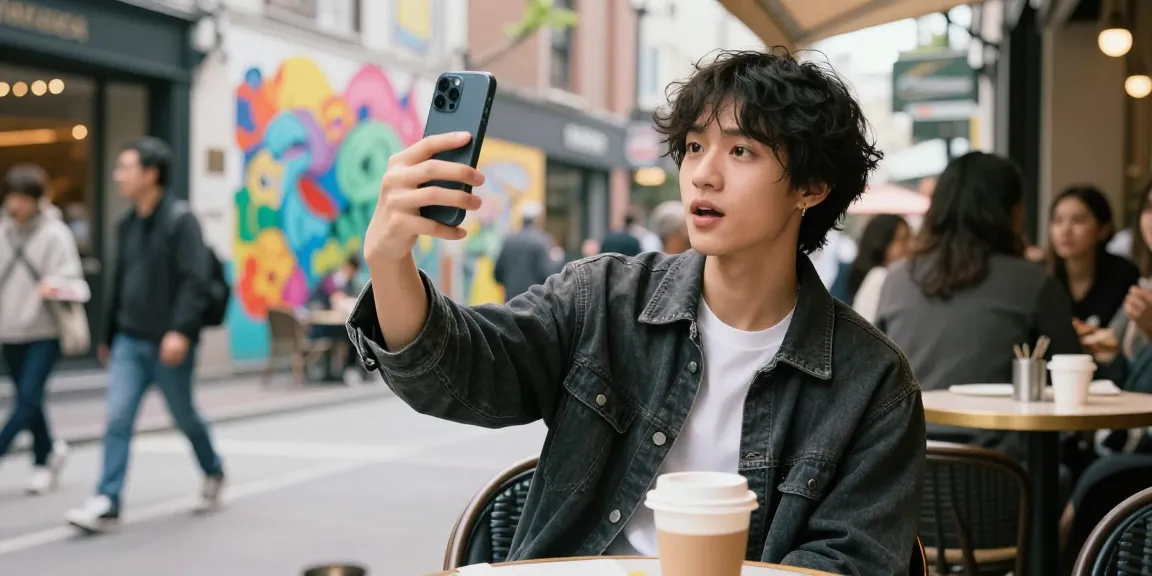 Person taking a selfie at a café, excitedly searching for a lookalike who looks like a celebrity.