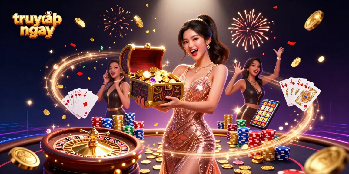 Engage with "truy cập ngay" for thrilling casino adventures amid flowing coins, interactive games, and joyous celebrations.