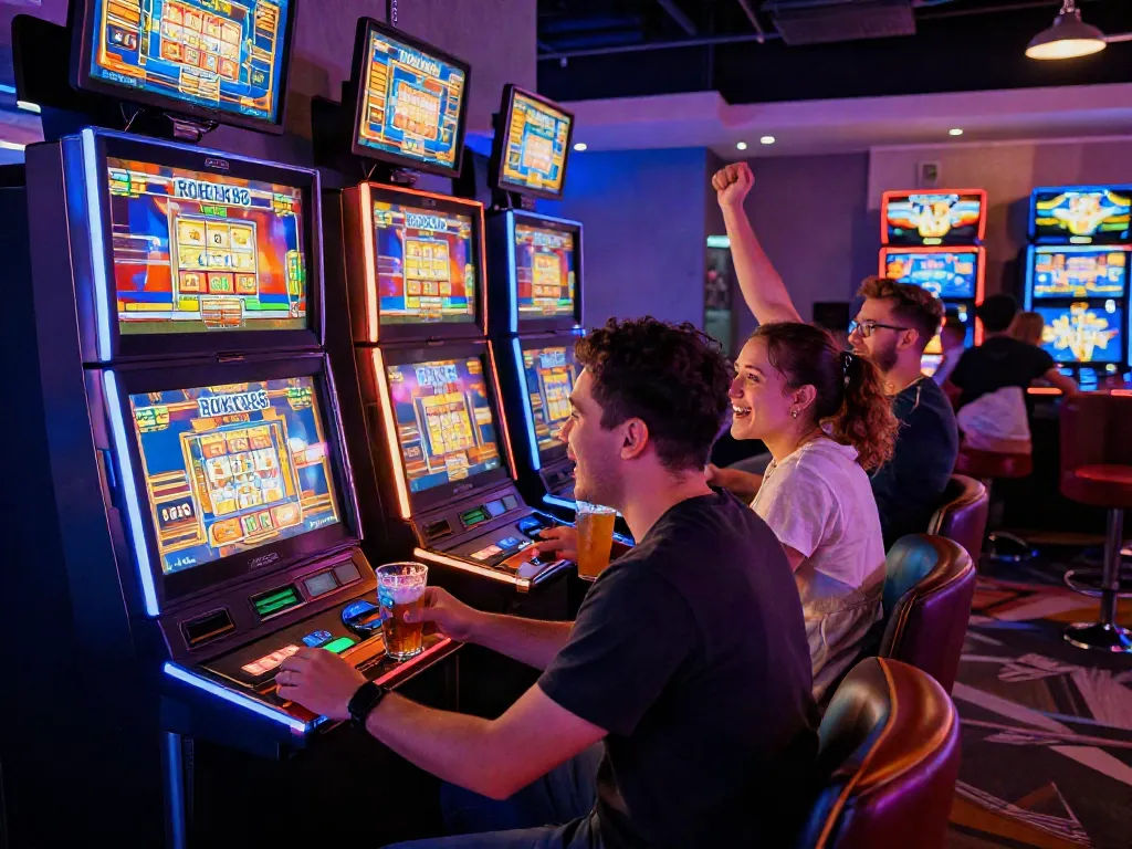 Excited friends enjoying a rokok88 slot login experience in a vibrant gaming lounge.