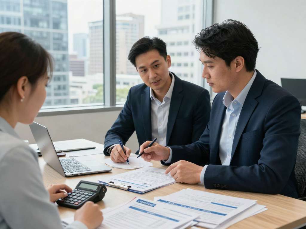 Superfund accountant helping clients with SMSF compliance documents in a professional office setting.