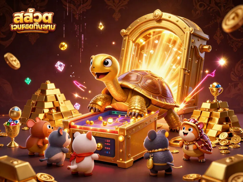 Experience สล็อตเว็บตรงทั้งหมด with excitement as animals play on a giant tortoise pinball machine surrounded by treasures.