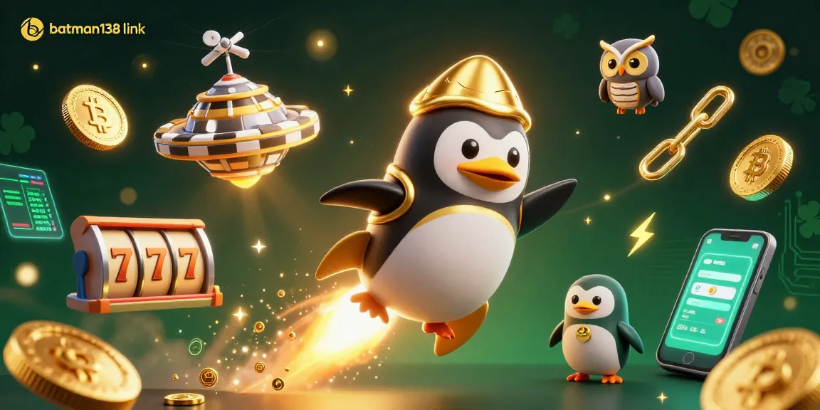 Experience batman138 link with a dynamic scene of a golden penguin and casino elements in space.