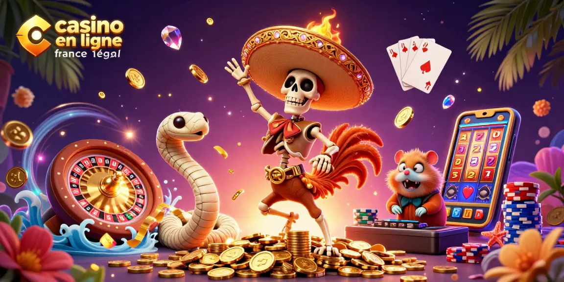 Profitez des jeux dans un casino en ligne français légal avec des personnages colorés et des éléments de casino animés.