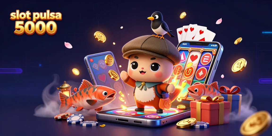 Permainan slot pulsa 5000 menyenangkan, dikelilingi karakter lucu dan elemen kasino.