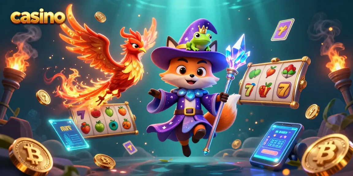 Engage with the captivating casino atmosphere illustrated by a mystical wizard fox and phoenix featuring slot symbols.
