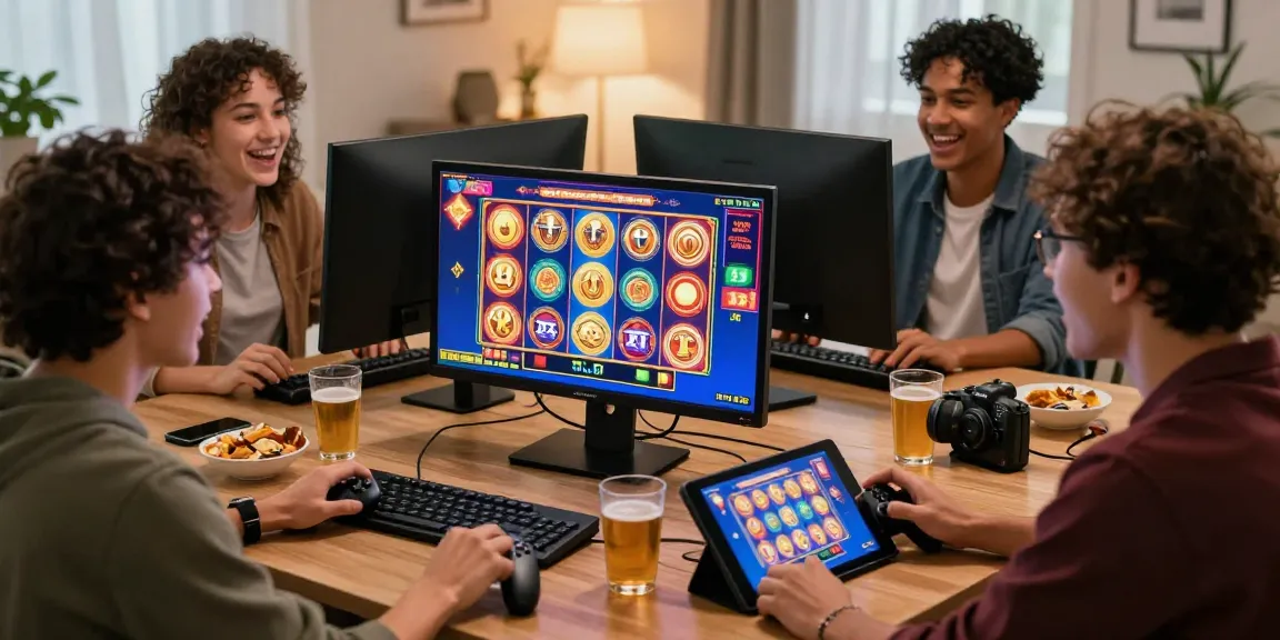 Friends enjoying a thrilling online slot deposit 5k gaming session at home, showcasing vibrant graphics and an inviting atmosphere.
